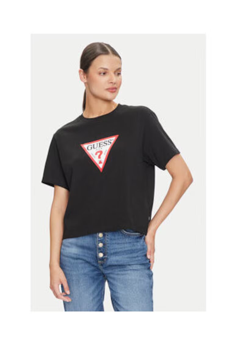 Guess Jeans Tricou cu decolteu la baza gatului cu logo