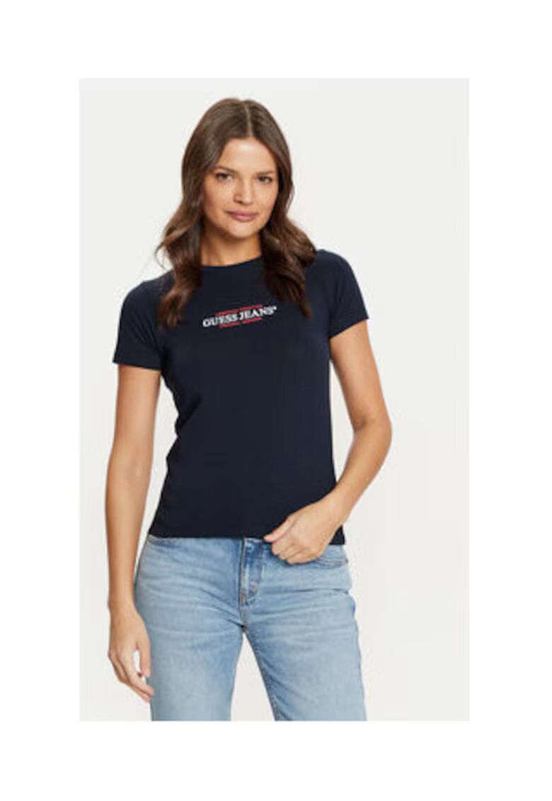 Guess Jeans Tricou de bumbac cu decolteu la baza gatului