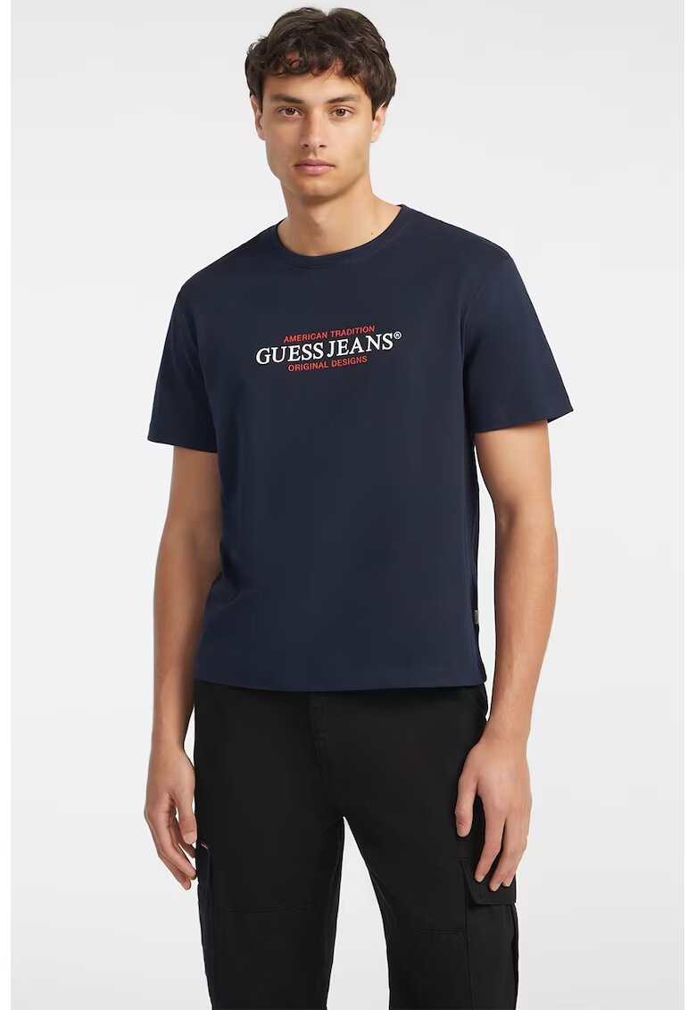 Guess Jeans Tricou de bumbac cu imprimeu logo - Bleumarin