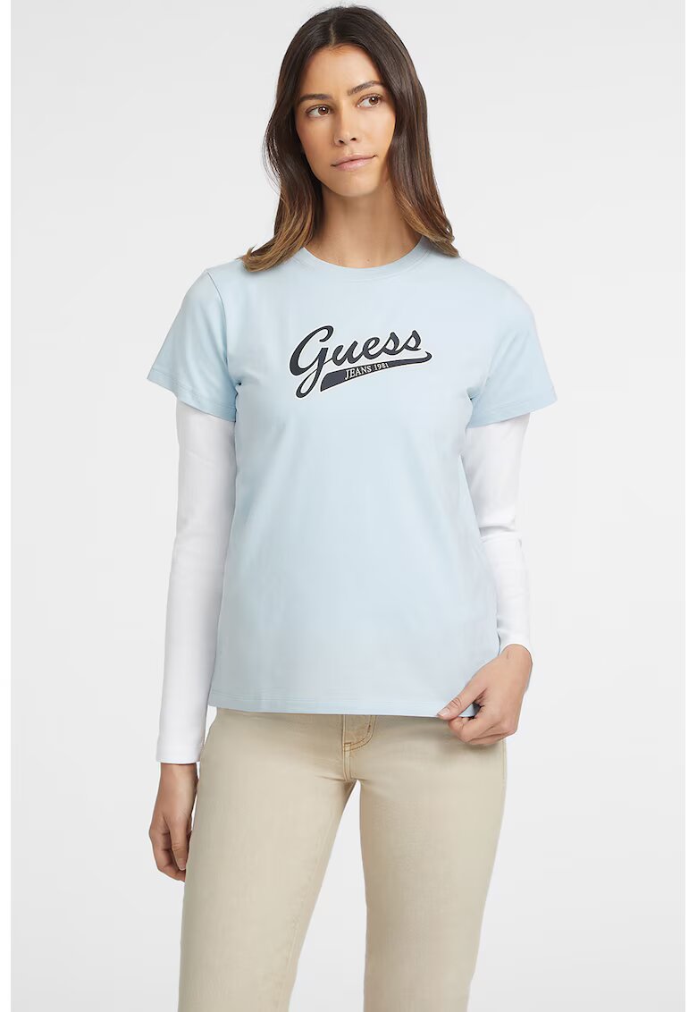 Guess Jeans Tricou din amestec de bumbac cu logo - Albastru ultramarin/Albastru glaciar