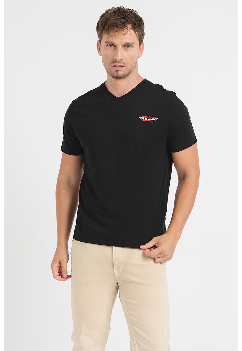 Guess Jeans Tricou din bumbac cu decolteu in V - Negru