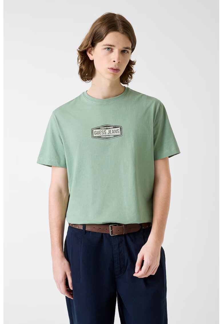Guess Jeans Tricou din bumbac cu decolteu la baza gatului si detaliu logo - Verde pal