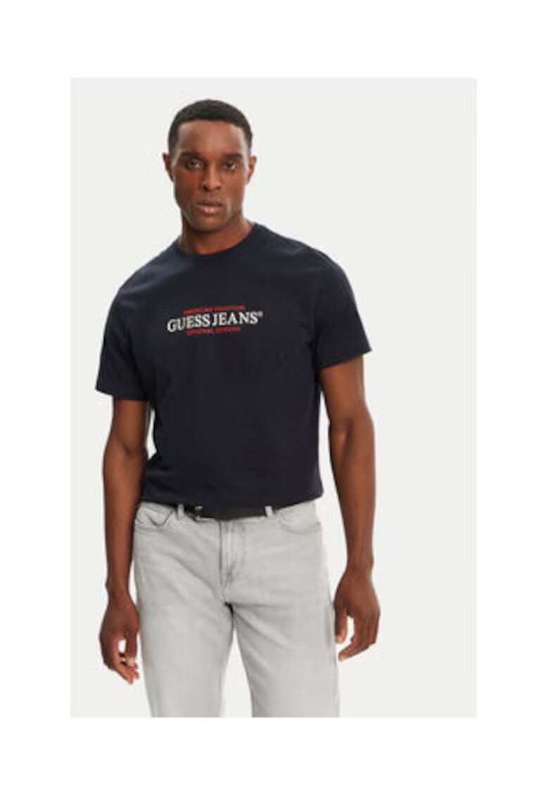 Guess Jeans Tricou din bumbac cu logo pe piept - Bleumarin