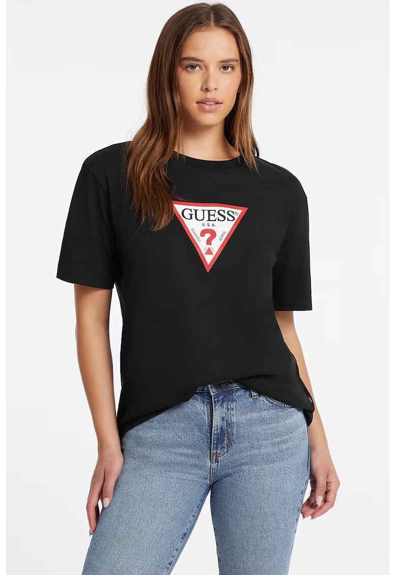 Guess Jeans Tricou lejer cu decolteu la baza gatului - Negru