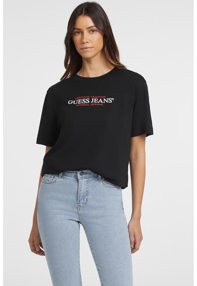 Guess Jeans Tricou lejer cu imprimeu logo si decolteu la baza gatului - Negru