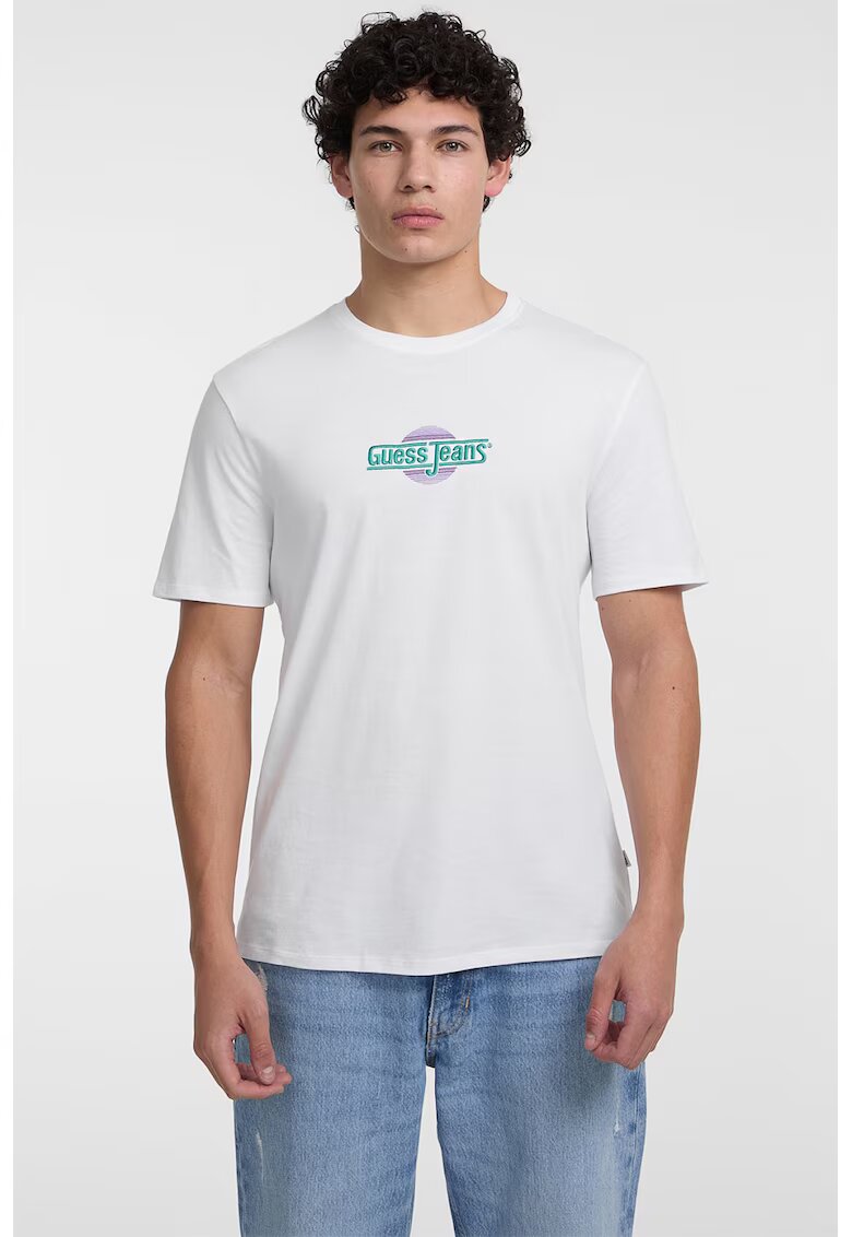 Guess Jeans Tricou regular fit cu decolteu la baza gatului - Alb/Lila/Verde persan
