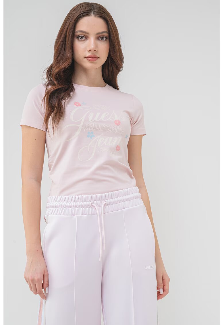 Guess Jeans Tricou regular fit cu imprimeu - Roz prafuit