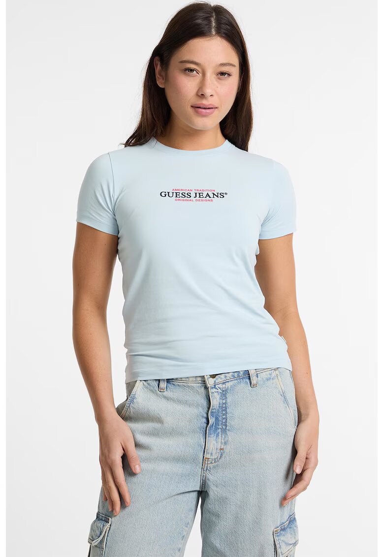 Guess Jeans Tricou slim fit American Tradition - Albastru pal