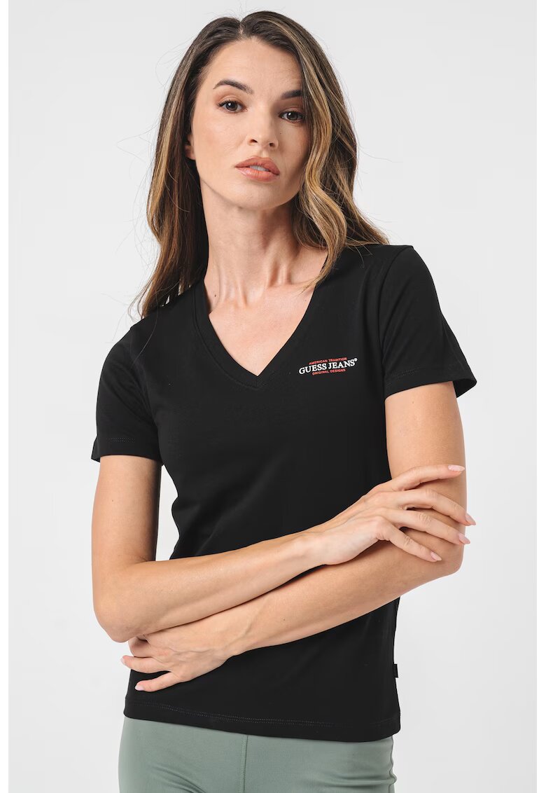 Guess Jeans Tricou slim fit cu decolteu in V