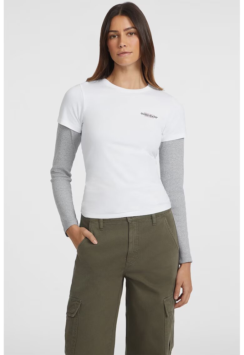 Guess Jeans Tricou slim fit cu decolteu la baza gatului - Alb