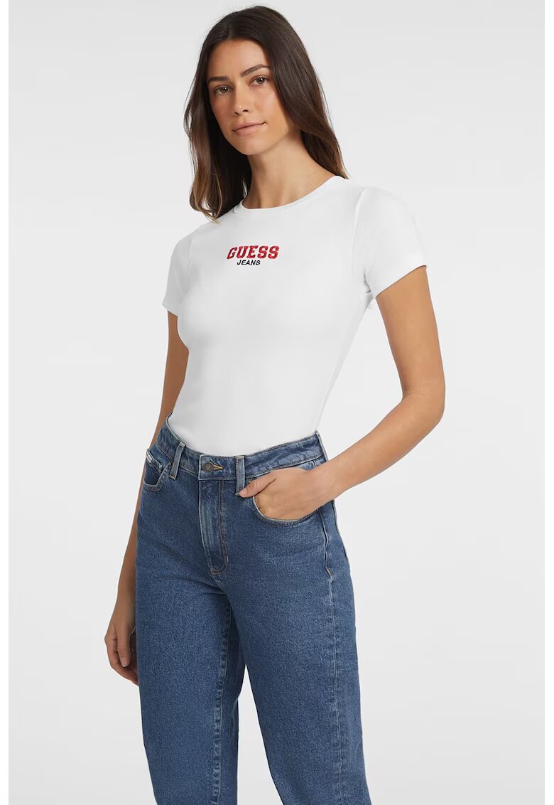 Guess Jeans Tricou slim fit cu decolteu la baza gatului - Alb