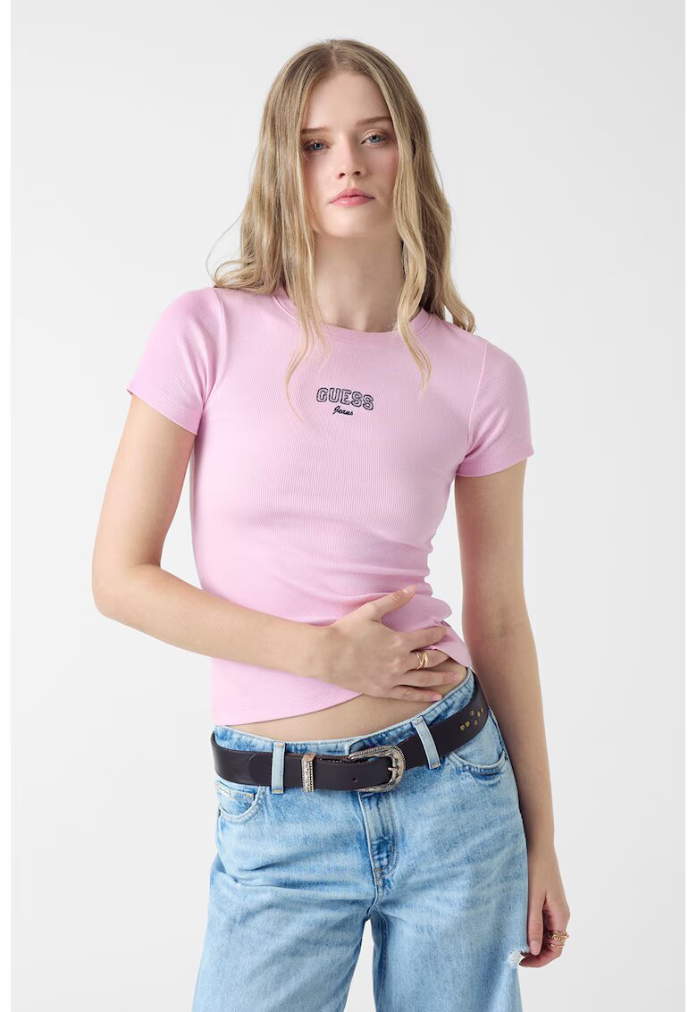 Guess Jeans Tricou slim fit cu decolteu la baza gatului - Roz