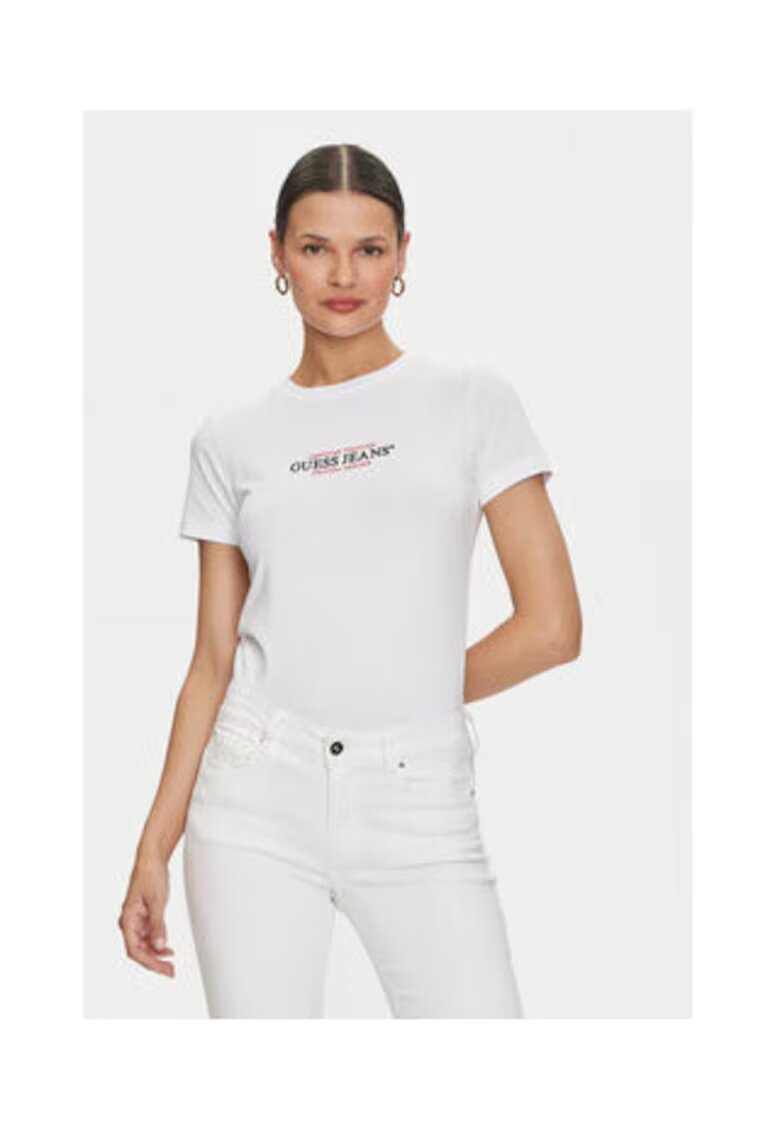 Guess Jeans Tricou slim fit din amestec de bumbac cu decolteu la baza gatului