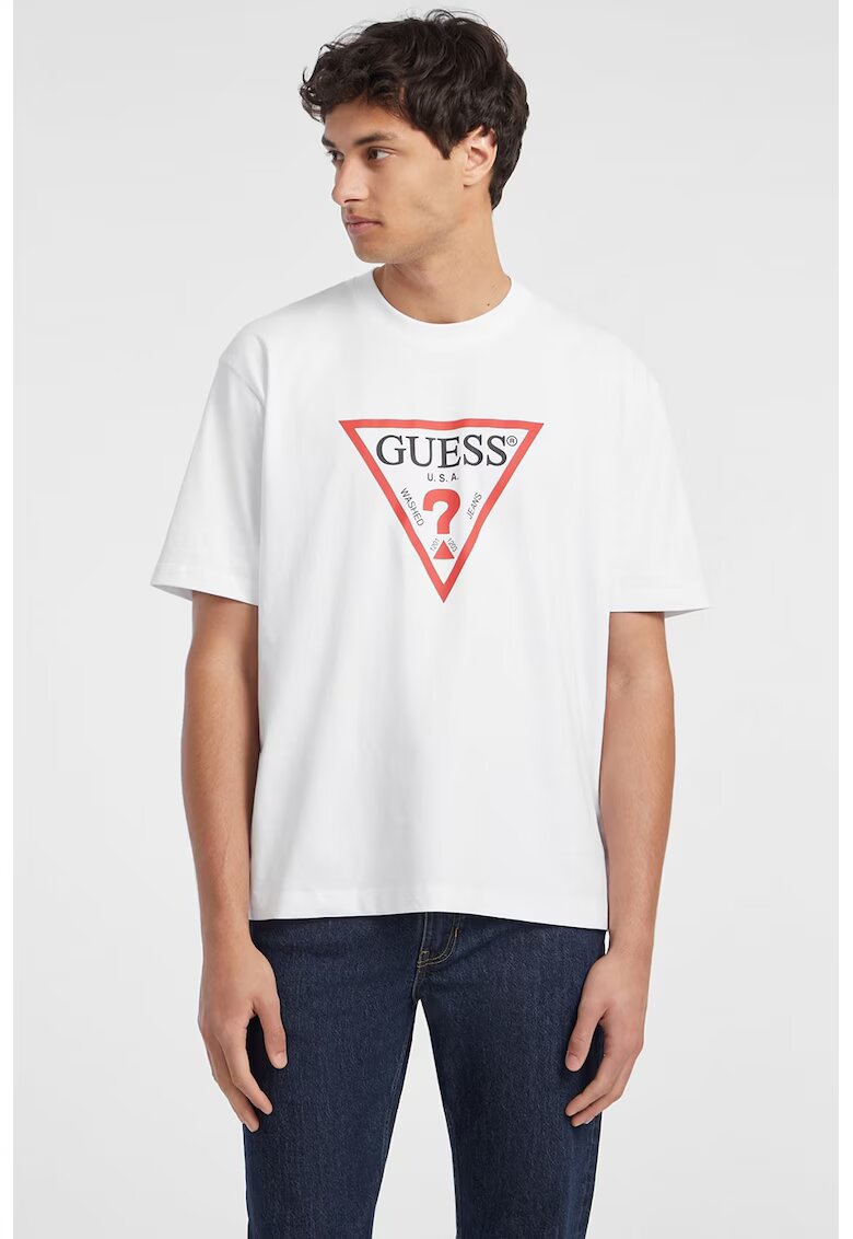 Guess Jeans Tricou supradimensionat din bumbac organic Iconic - Rosu/Alb/Negru
