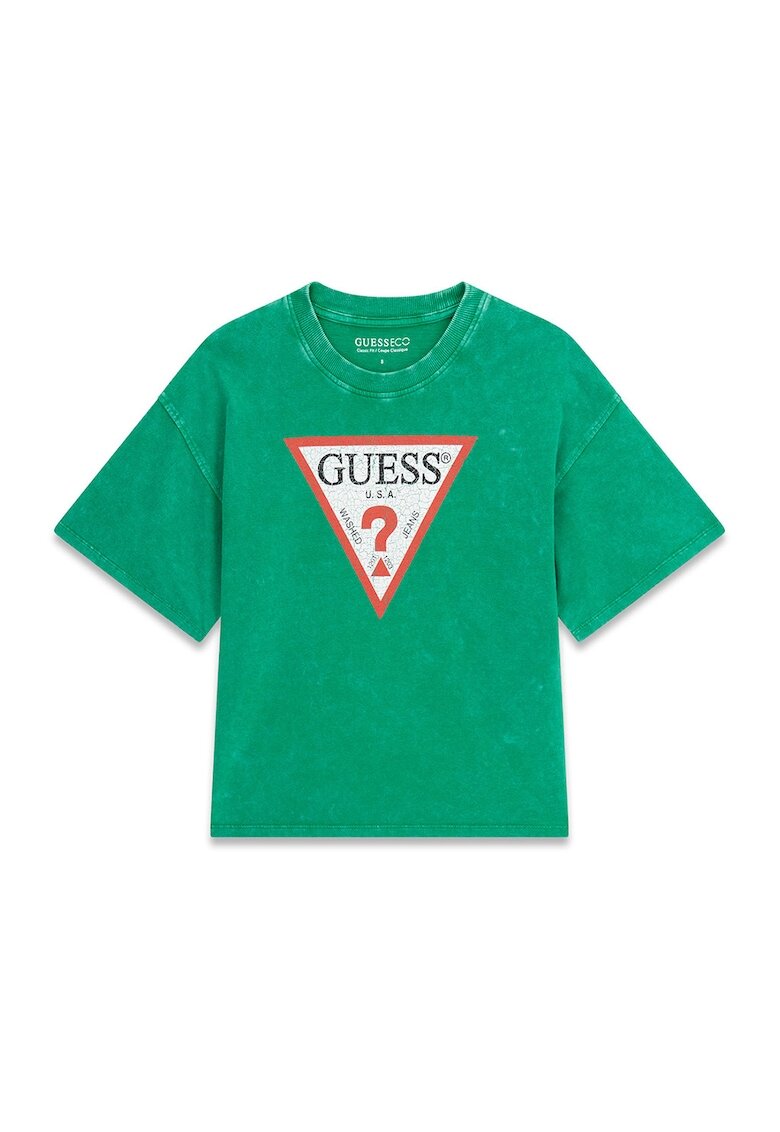 GUESS KIDS Tricou cu decolteu la baza gatului si imprimeu logo - Verde aquamarin