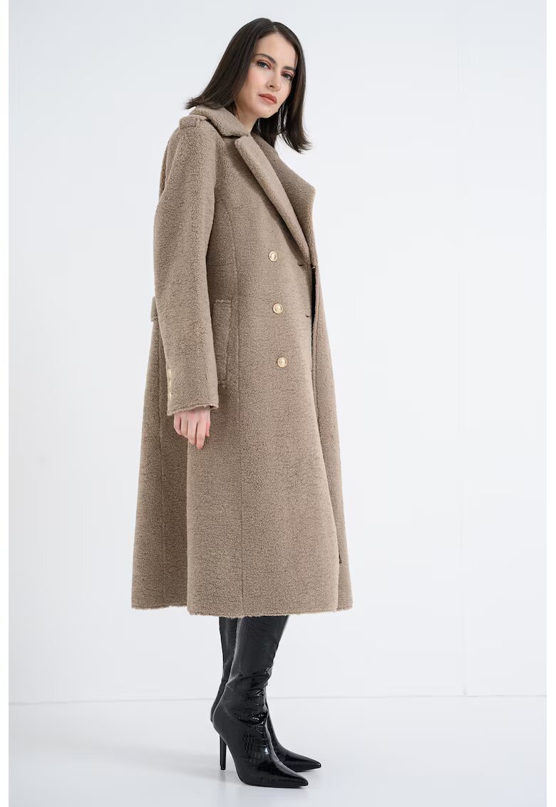 Guess Palton cu doua randuri de nasturi si croiala in A - Maro taupe