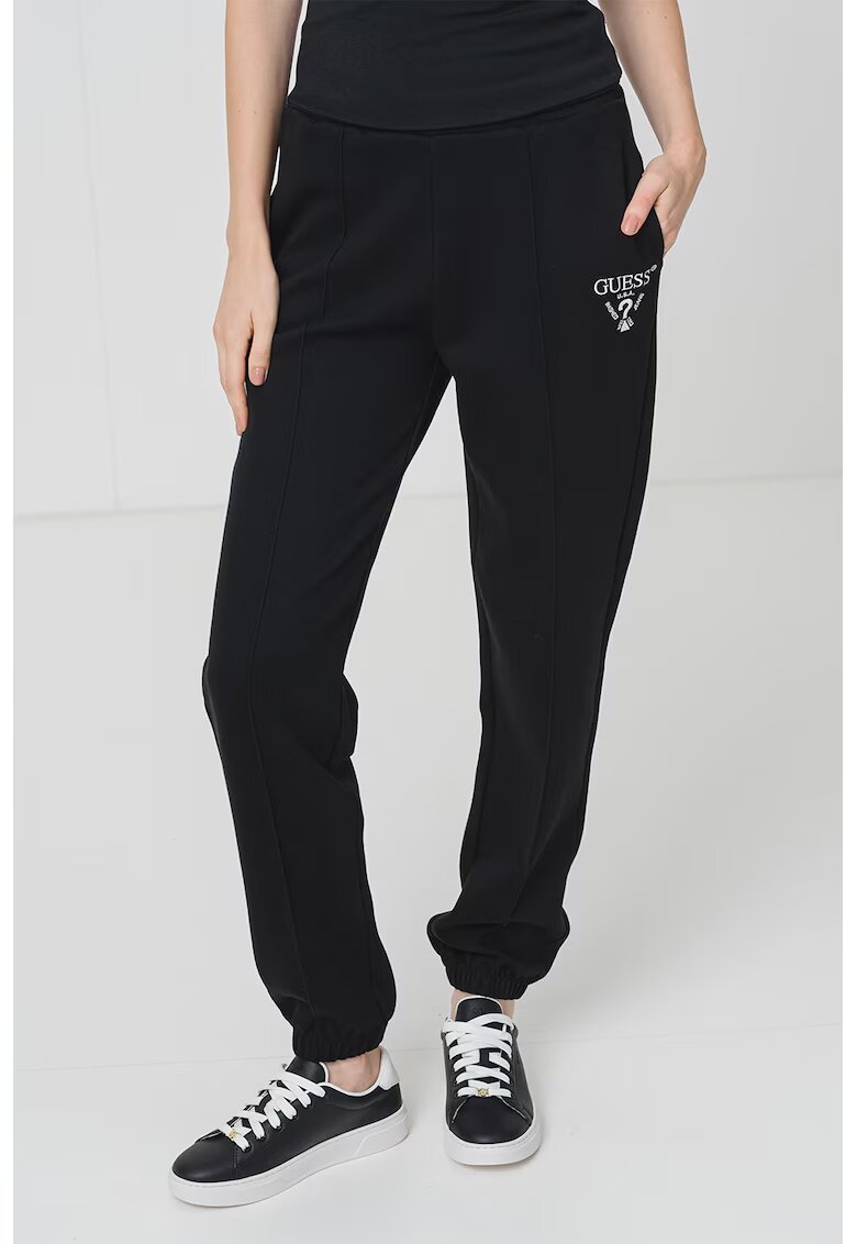 Guess Pantaloni de trening cu logo brodat - Negru/Alb optic