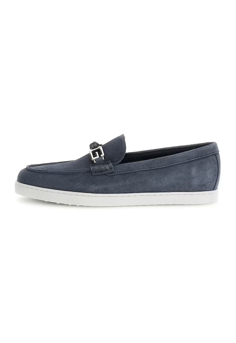 Guess Pantofi loafer din piele intoarsa cu monograma metalica - Albastru inchis