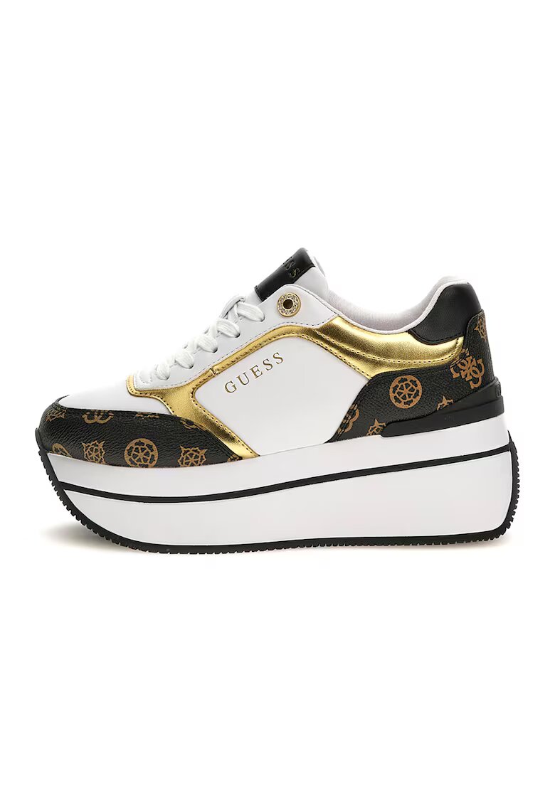 Guess Pantofi sport wedge de piele ecologica Camrio - Alb/Auriu/Maro inchis