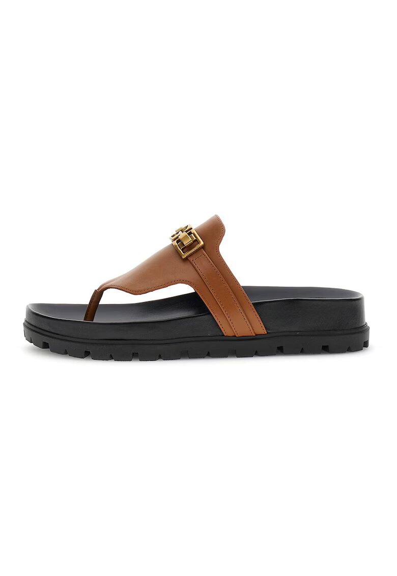 Guess Papuci flip-flop din piele cu logo - Maro