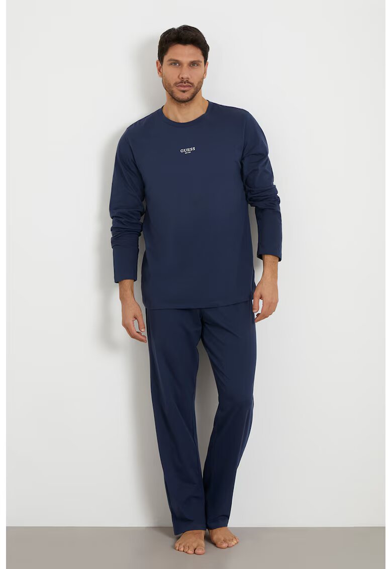 Guess Pijama de bumbac cu pantaloni lungi si imprimeu logo - Albastru prafuit