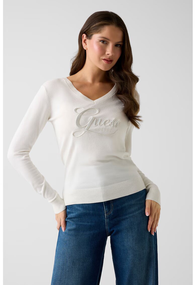 Guess Pulover cu decolteu in V si logo - Crem