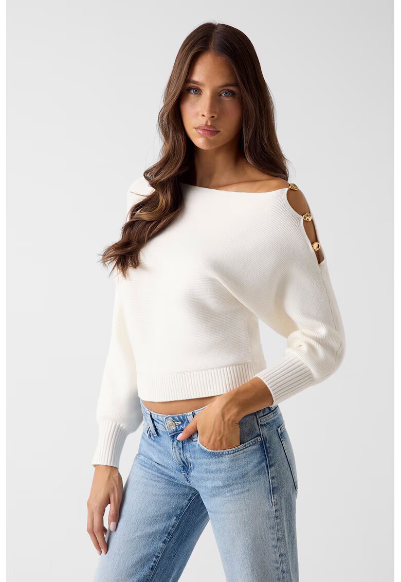 Guess Pulover cu decolteu pe un umar - Alb fildes
