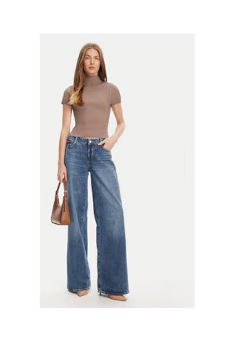 Guess Pulover striat cu maneca scurta si guler inalt