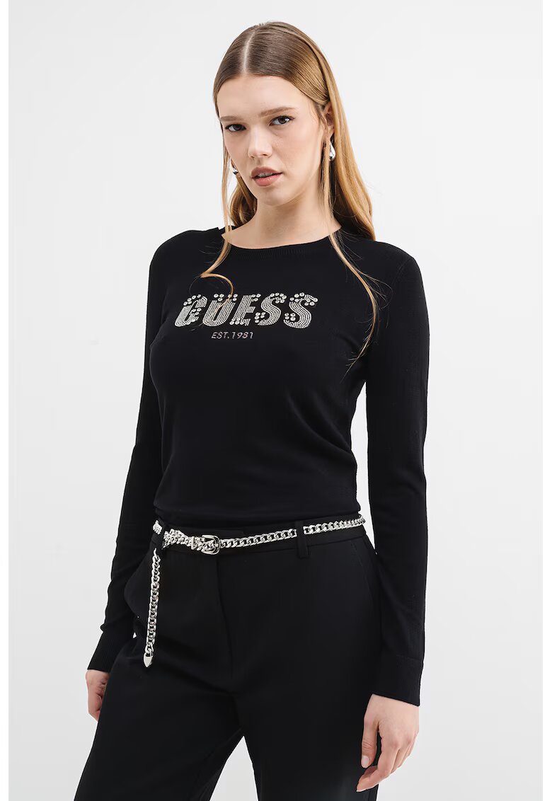 Guess Pulover tricotat fin cu logo - Negru/Argintiu