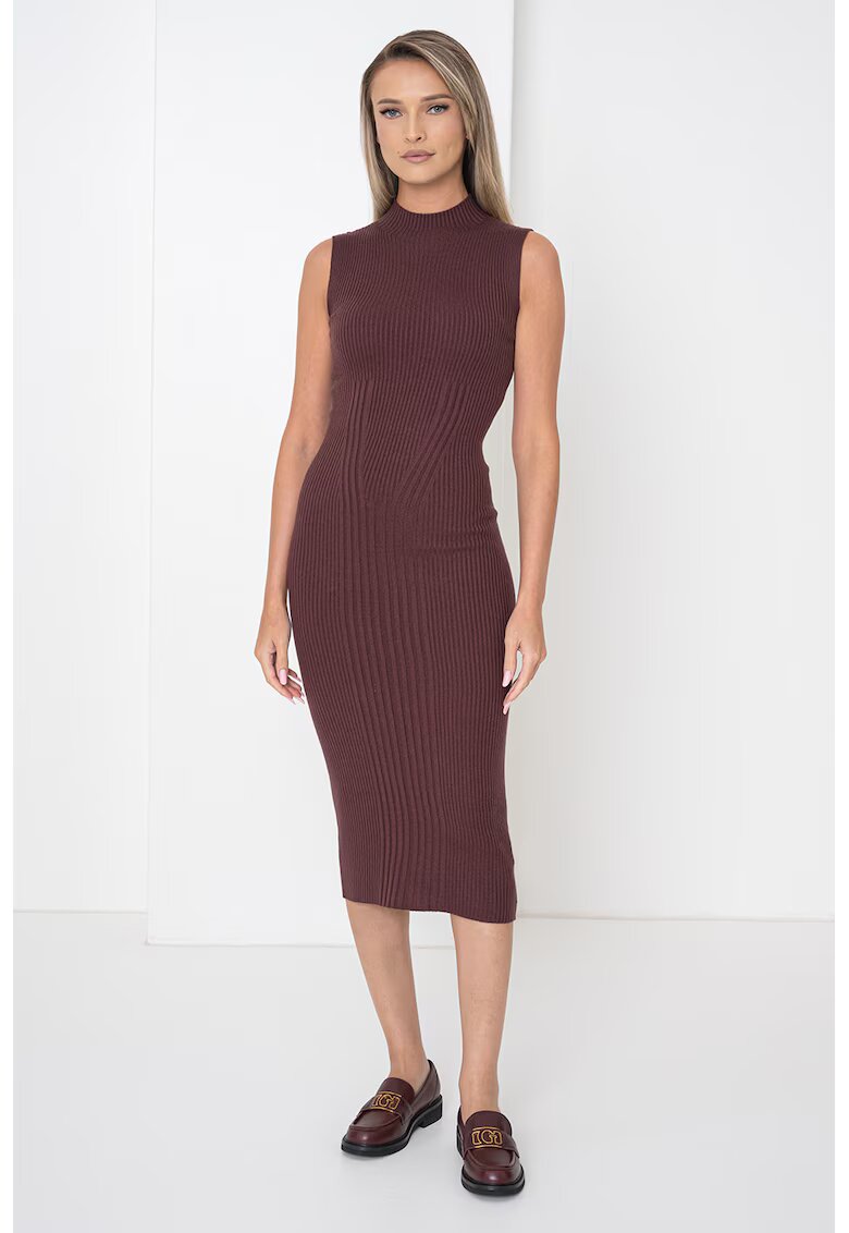 Guess Rochie cambrata din amestec de casmir si matase cu guler inalt - Maro inchis