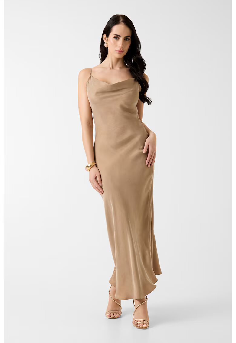 Guess Rochie din amestec de lyocell cu decolteu drapat - Maro camel