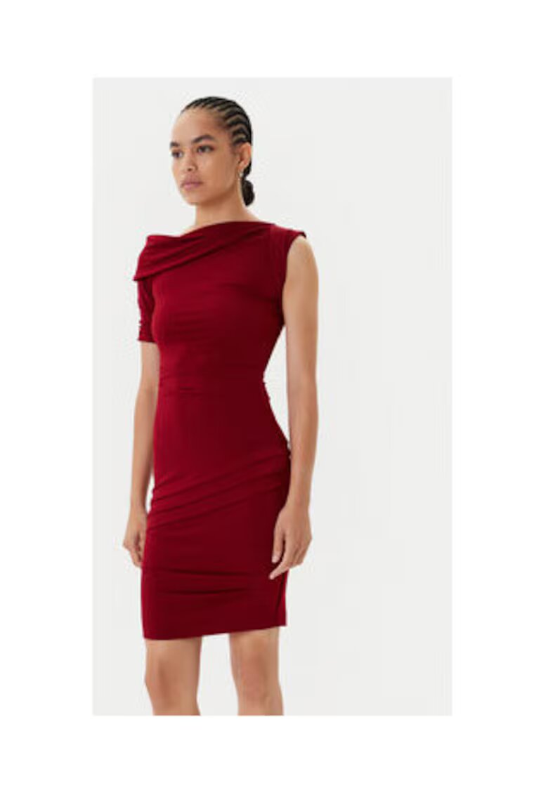 Guess Rochie elastica din amestec de poliester cu maneci scurte si guler drapat