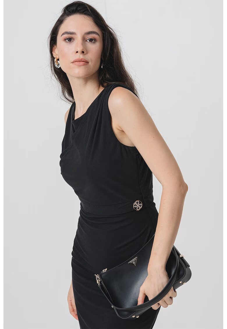 Guess Rochie midi cambrata cu decolteu rotund - Negru