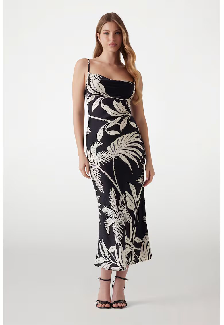 Guess Rochie midi cu imprimeu cu frunze - Negru/Alb murdar