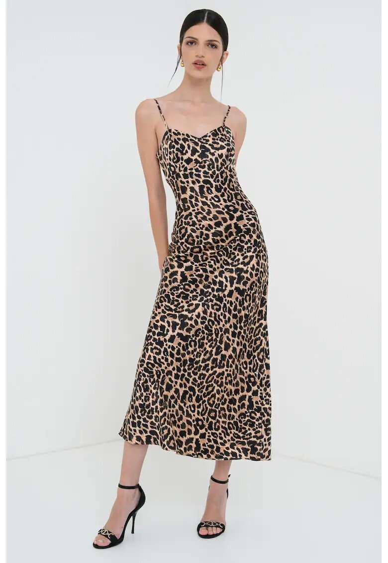 Guess Rochie midi de satin - Negru/Maro deschis