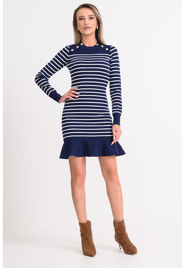 Guess Rochie tricotata cu dungi si terminatie evazata - Alb/Albastru inchis