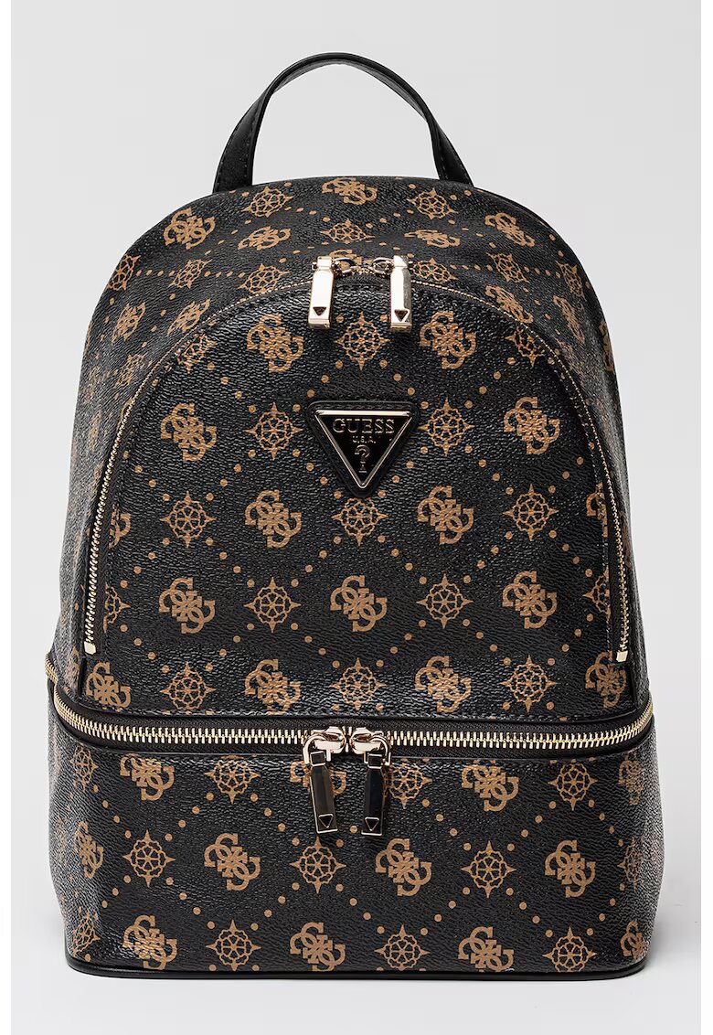 Guess Rucsac din piele ecologica cu model monograma si fermoar - Maro inchis/Bej