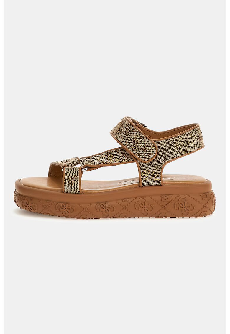 Guess Sandale cu strasuri - inchidere velcro si model monograma - Maro/Bej