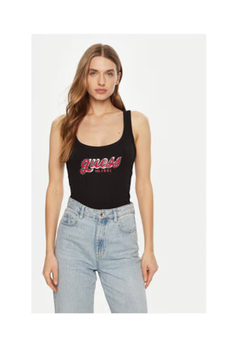 Guess Top Din Bumbac Cu Decolteu Patrat Si Logo