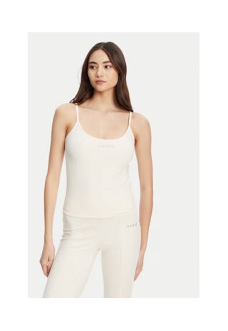 Guess Top din material elastic cu decolteu rotund si logo metalic pe piept