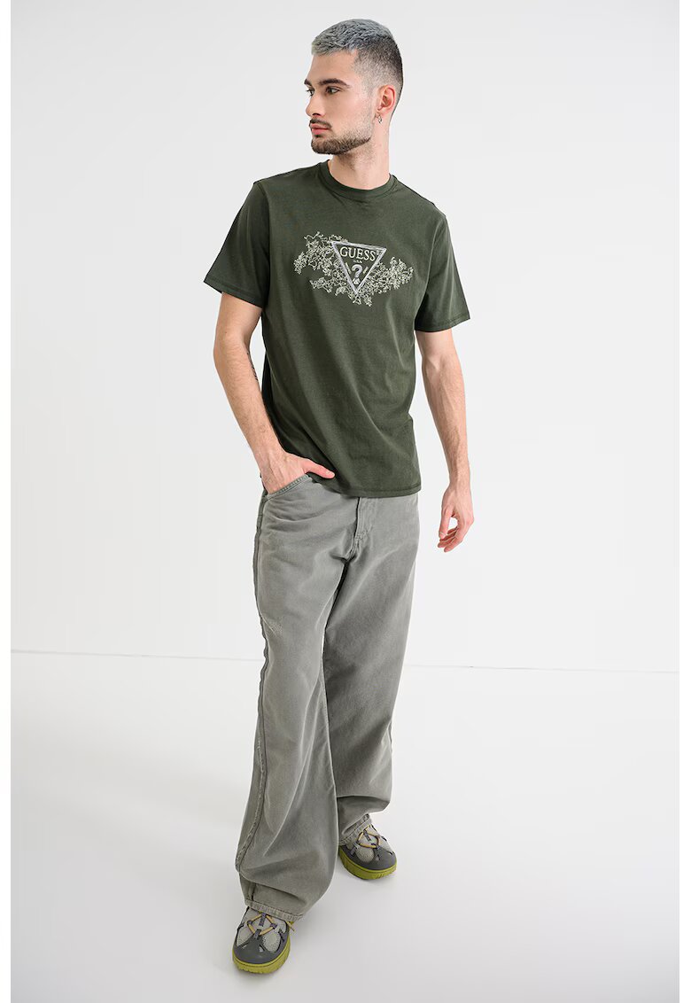 Guess Tricou brodat de bumbac - Kaki inchis