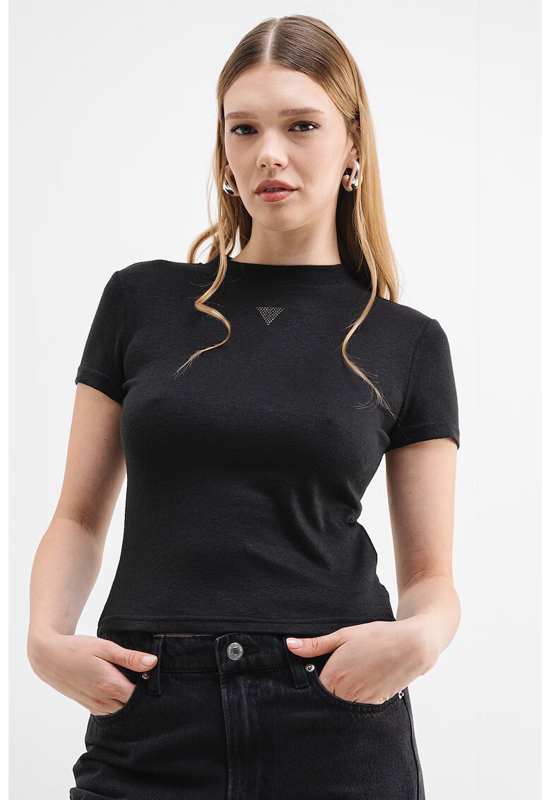 Guess Tricou cambrat cu strasuri - Negru stins