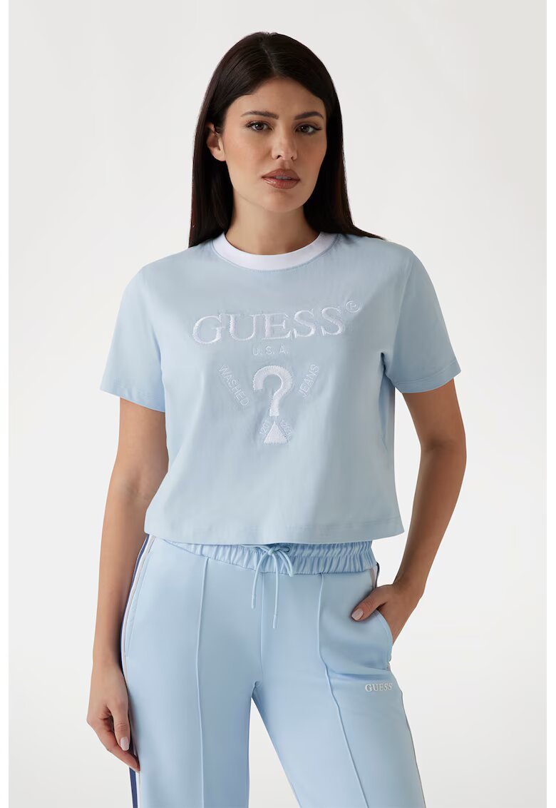 Guess Tricou crop cu logo - pentru fitness - Alb/Albastru deschis