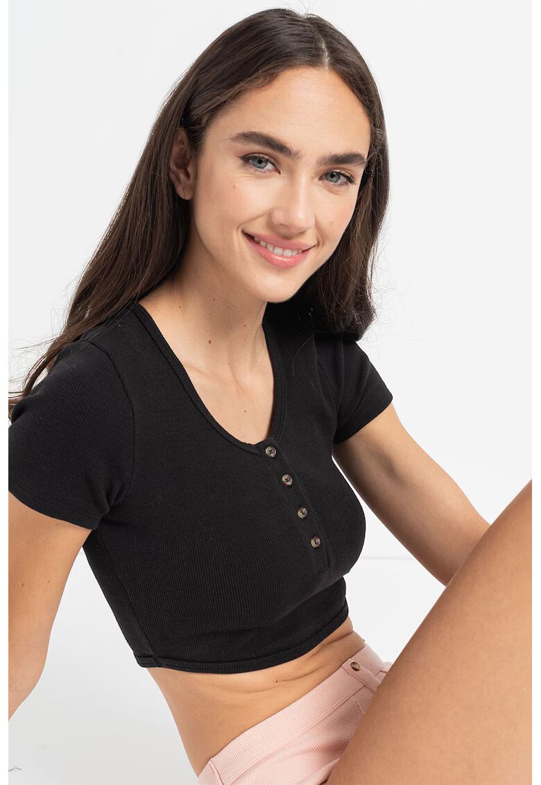 Guess Tricou crop de casa cu aspect striat - Negru