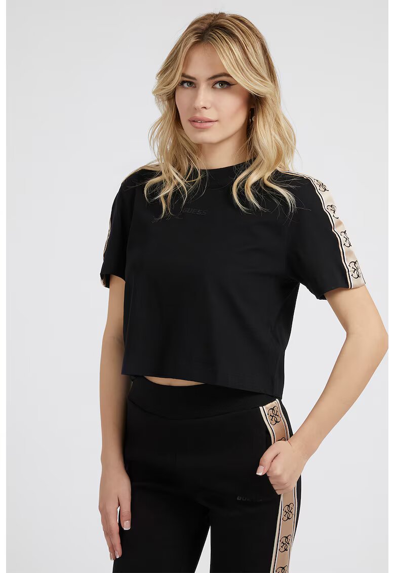 Guess Tricou crop dinnbumbac cu segmente laterale cu logo - Negru