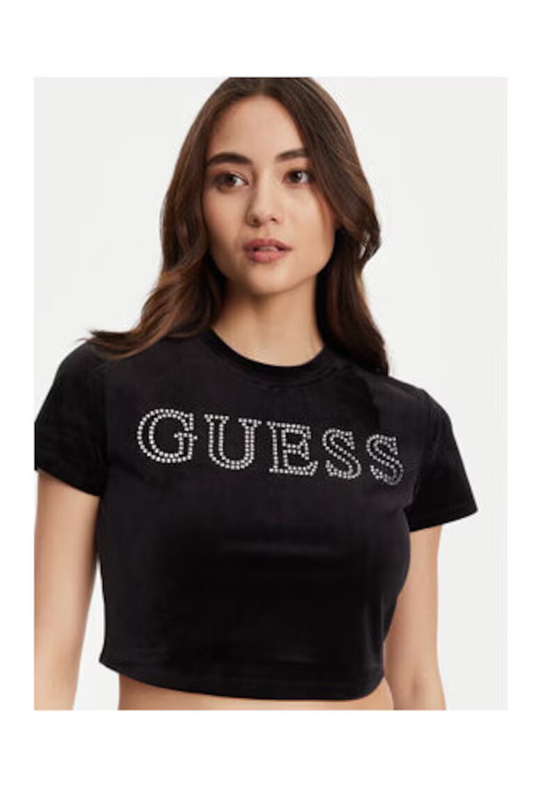 Guess Tricou crop uni cu text