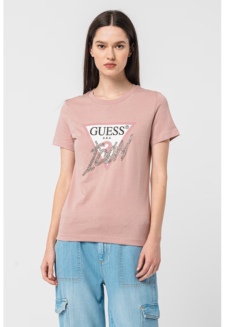 Guess Tricou cu aplicatie logo cu strasuri - Roz