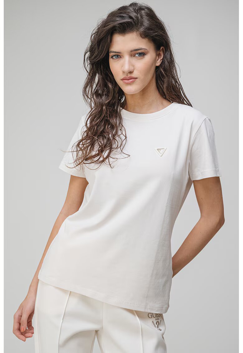 Guess Tricou cu decolteu la baza gatului si aplicatie logo discreta - Alb fildes