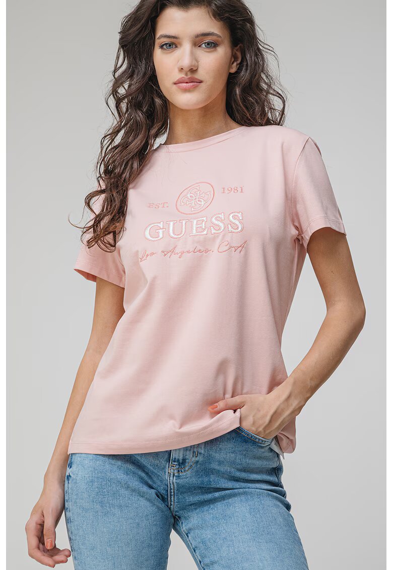 Guess Tricou cu decolteu la baza gatului si logo brodat - Roz pal
