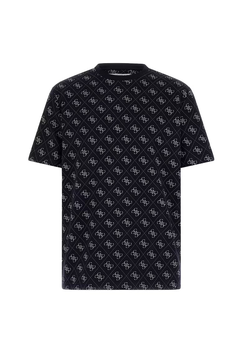 Guess Tricou cu decolteu la baza gatului si model logo - Alb/Albastru ultramarin
